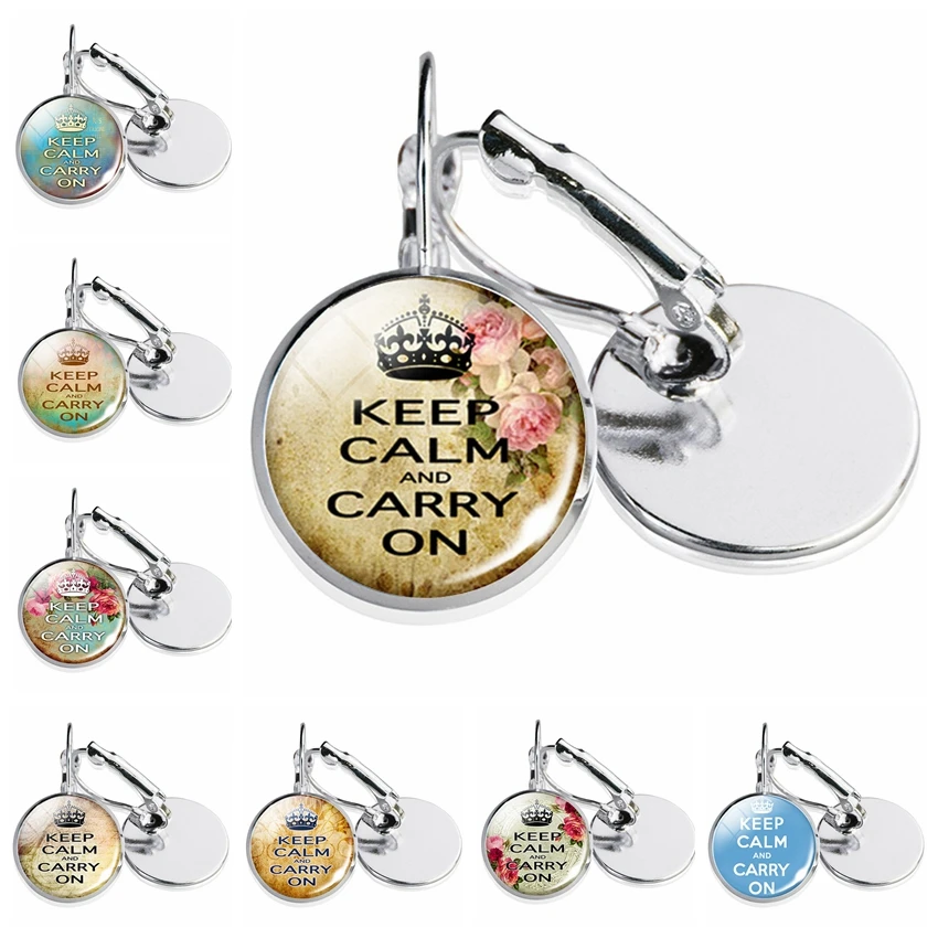 

KEEP CALM AND CARRY ON Quote Hoop Earring Fashion Crown Earrings Glass Cabochon Jewelry Dangle Earring Ear hook Women Lover Gift
