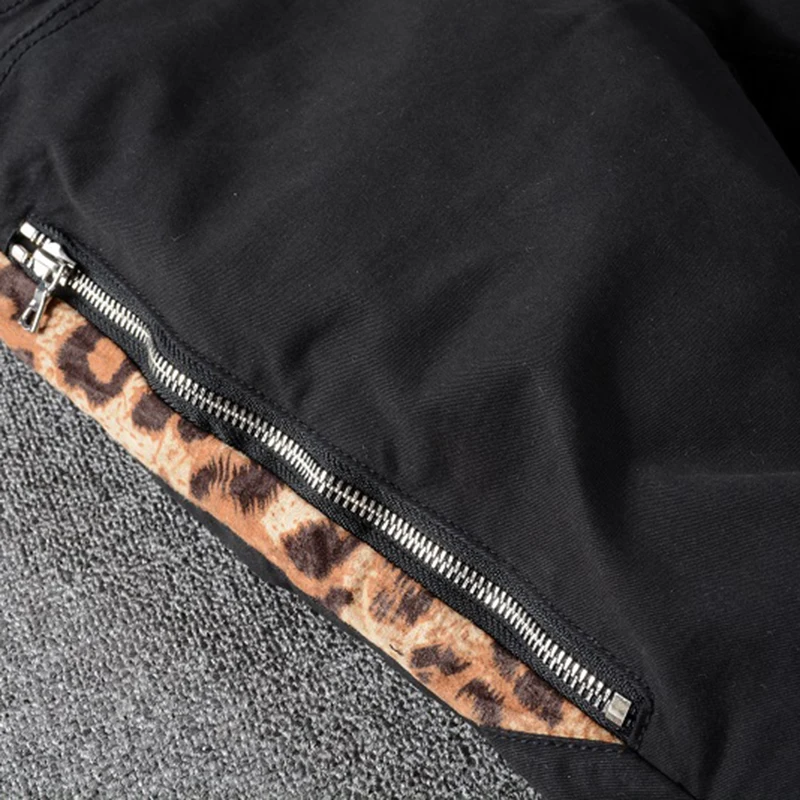 Мужские джинсы в стиле хип-хоп с леопардовым принтом черные Стрейчевые пэчворк