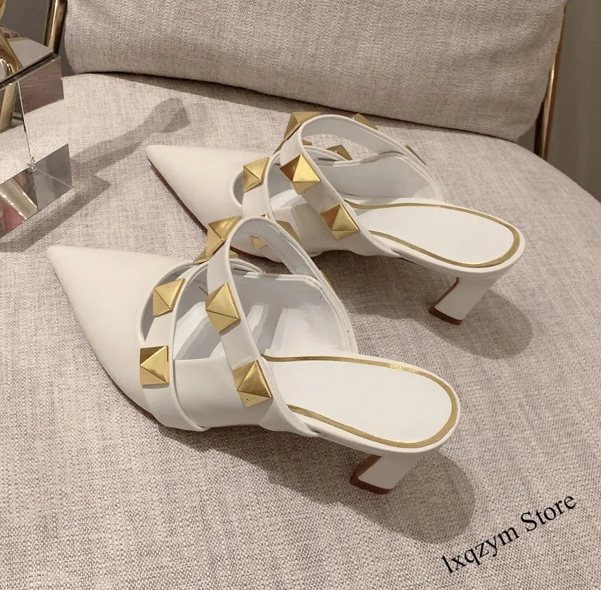 

Runway Rivets Decor High Heel Slippers Women Pointed Sweety Candy Color Sandals 2021 Summer Sexy Party Shoes Real Leather