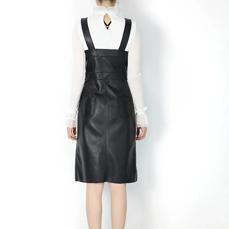 

Leather Women Genuine Dress Soft Real Sheepskin Leather Dress Button Sexy Slim Fit Straps Midi Dress Vestido De Festa Sundress