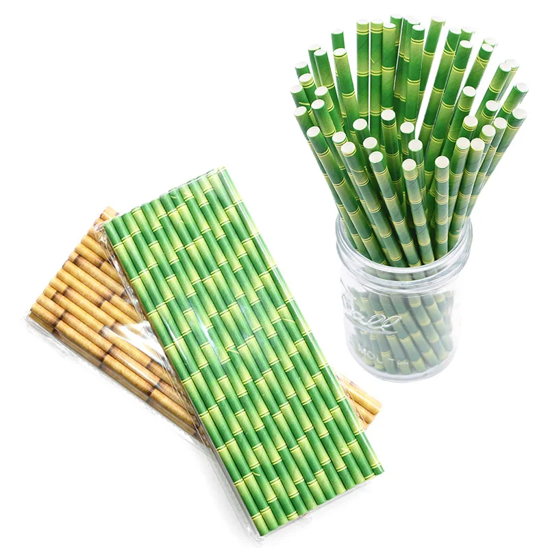 

25pcs/bag Green Brown Bamboo Pattern Paper Straws Birthday Party Drinking Straw Disposable Party Tableware Home Kitchen Supplies