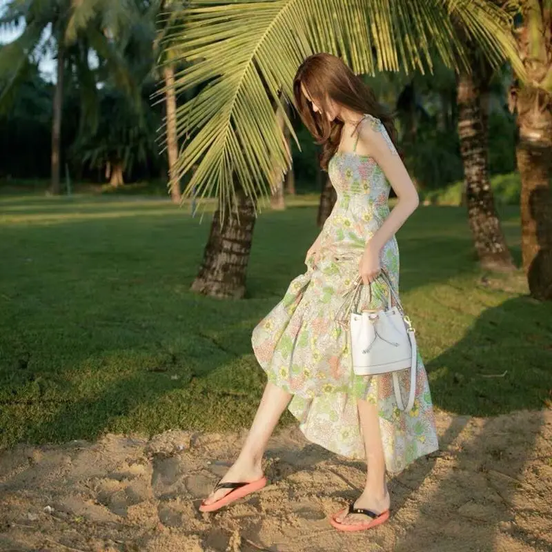 

2021 Summer French Elegant Spaghetti Strap Dress Korea Female Sweet Party Evening Beach One Piece Dress Women Floral Midi Dress