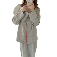 new cardigan pijama feminino contrast color vertical lines loose pyjama sets pajamas cotton long sleeve home clothes suit women