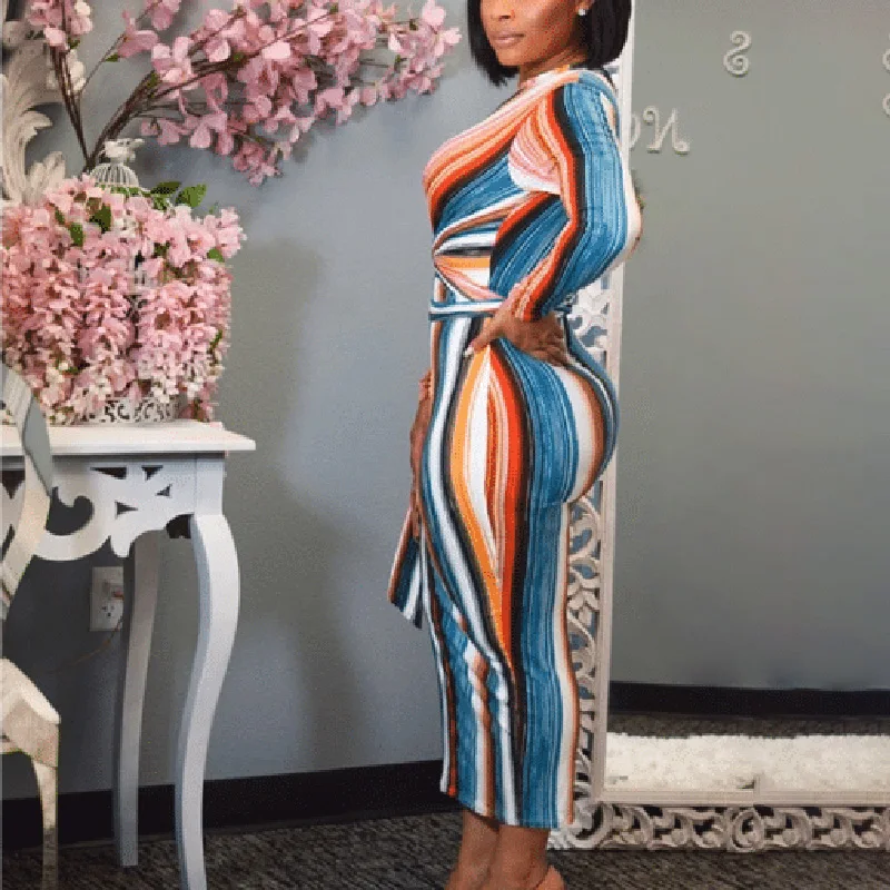 

New Arrival Rainbow Striped Long Bandage Dress Women Long Sleeve Lace up Party Club Bodycon Dresses