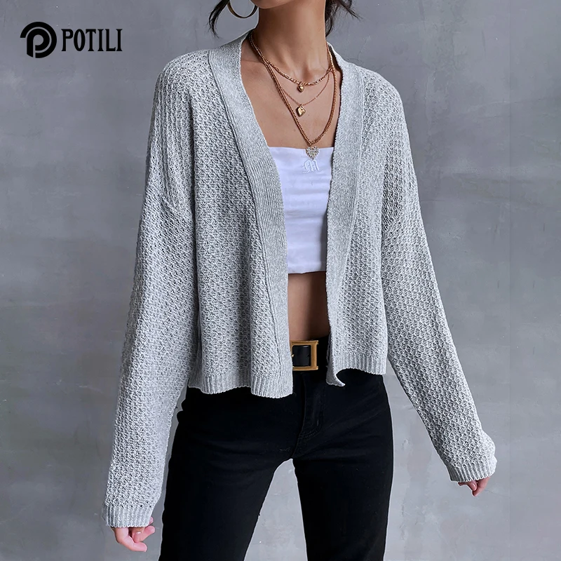 

POTILI Women Sweater Cardigan Autumn Solid Warm Top Casual Cardigans Chic Korean Fashion Winter Knitted Jacket sueters mujer