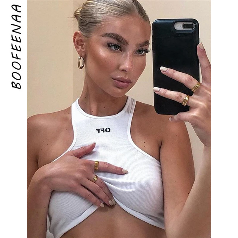 Кроп-топ BOOFEENAA женский в рубчик однотонный Белый спортивный модный топ с вышивкой