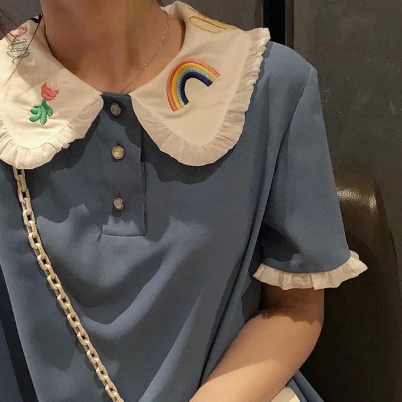 Модная футболка платье для женщин лето 2019 вышивка поло Прямая рубашка платья