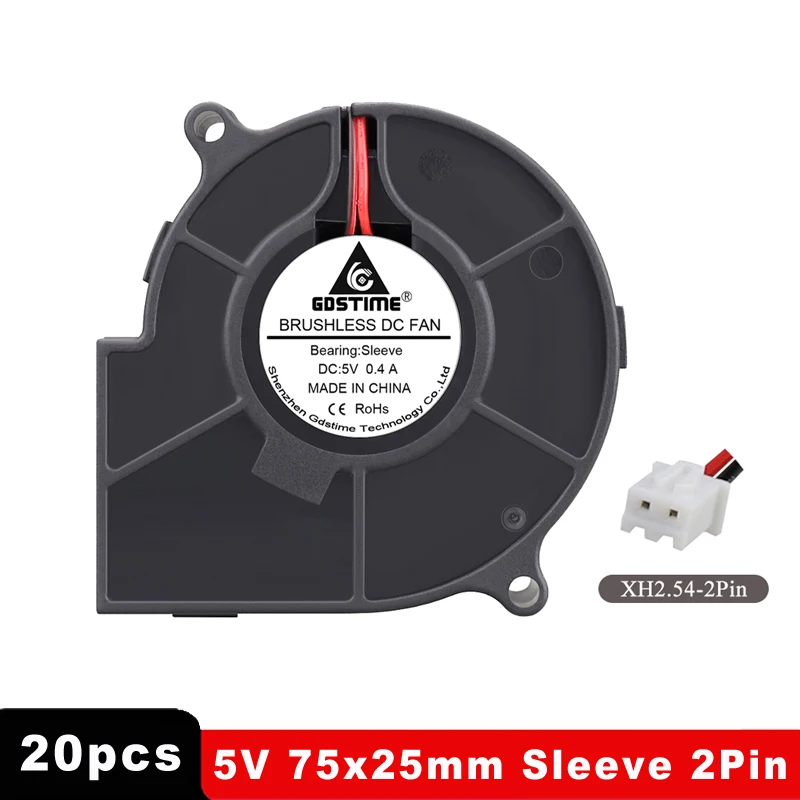 20 шт. Gdstime 7525s 75 мм x 25 мм вентилятор 5 в постоянного тока 2 контакта бесщеточная турбоцентрифуга охлаждающий вентилятор для 3D-принтера аксессуары