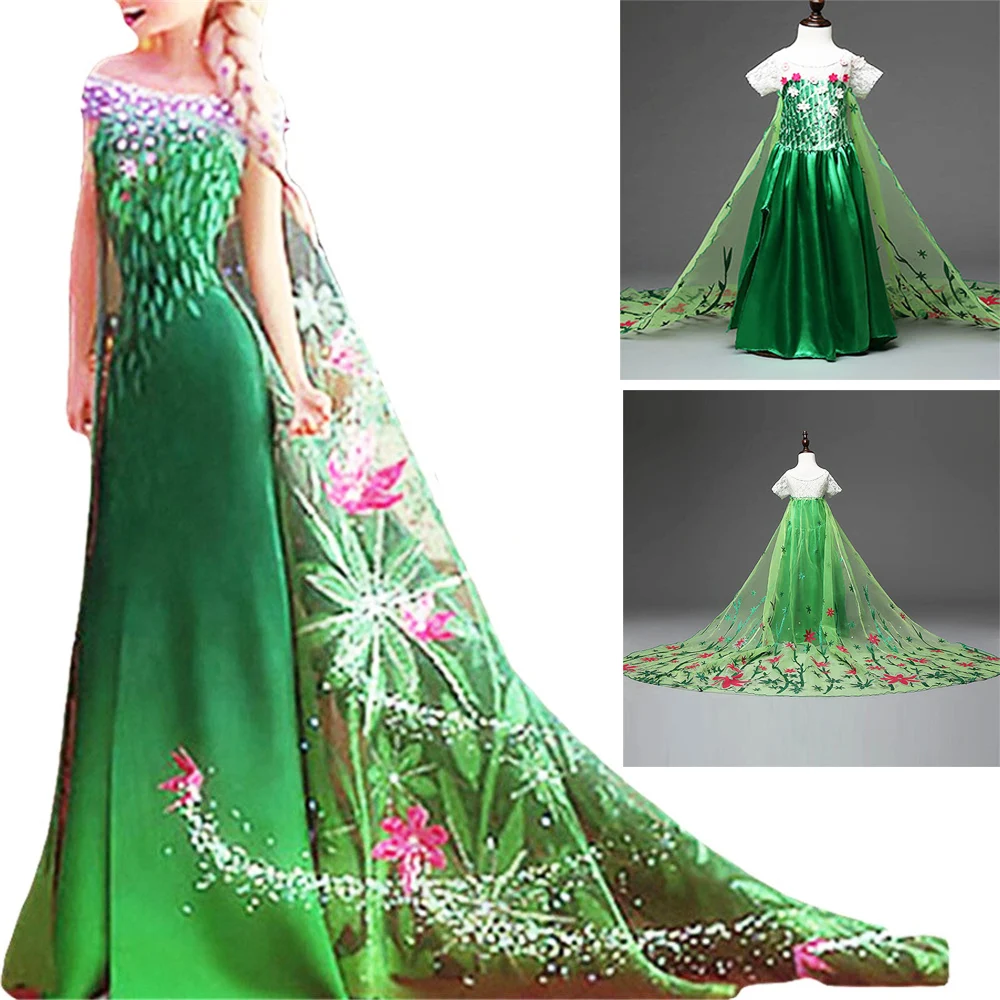 3-8Y Girls Christmas Dress Anna Elsa Princess Costume Green Fashion Print Pattern Kids Halloween Snow Queen Long Tail Gown | Детская
