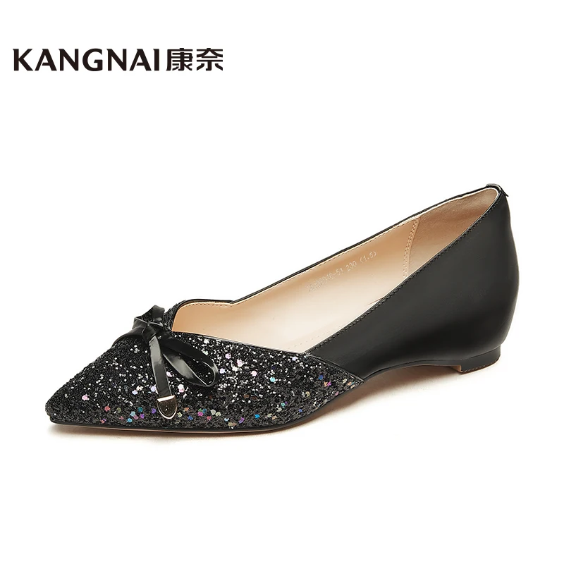 

KANGNAI Flat Shoes Women Pointed Toe Bowknot Bling Decoration Shallow Slip-On Fashion Ladies Party Shoes
