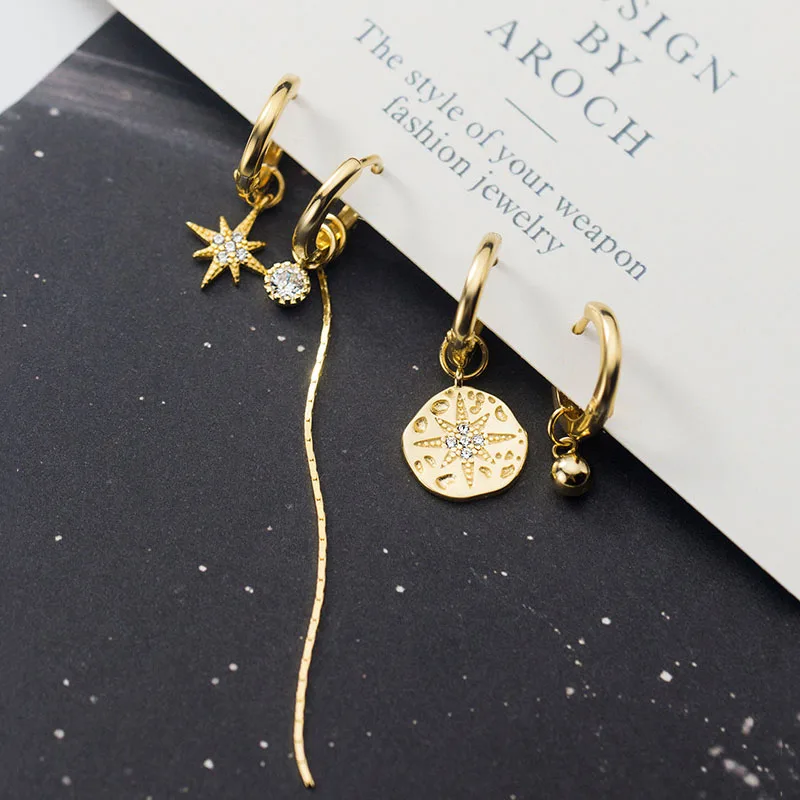 

2021 New 925 Sterling Silver Star Tassel Asymmetric Hoop Earrings for Women Round Disc Gold CZ Wedding S-E1344 Jewelry