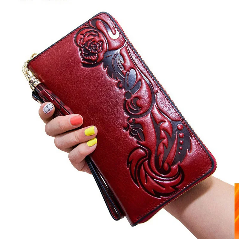 Floral Pattern Women Wallets Genuine Leather Purses and Handbags Large Capacity Ladies Clutch Bag