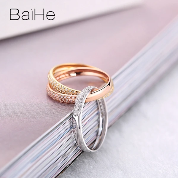 BAIHE, 18 карат, белый+ желтый+ розовое золото, сертифицировано, всего 0.58ct, Круглый, с натуральными бриллиантами, для женщин, свадьба, модный, хорошее ювелирное изделие, подарочное кольцо
