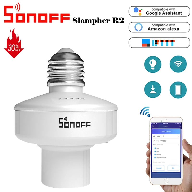 Умный беспроводной держатель для лампы SONOFF SlampherR2: 433 МГц RF и WiFi E27 работает с Mazon Alexa