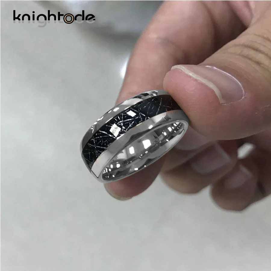 Кольцо из карбида вольфрама 6 мм 8 высокая полировка черный метеорит инкрустация