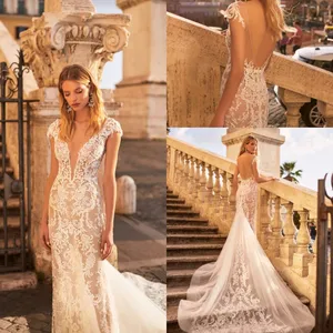 2020 Wedding Dresses Sexy Deep V Neck Short Sleeves Lace Appliques Mermaid Bridal Gowns Backless Sweep Train Wedding Dress