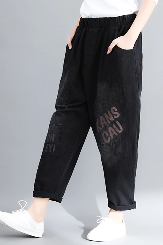 

Loose Black Jeans Harem-Pants Vintage Letters Korea-Style Elastic Waist Women Fashion-Brand Casual Autumn