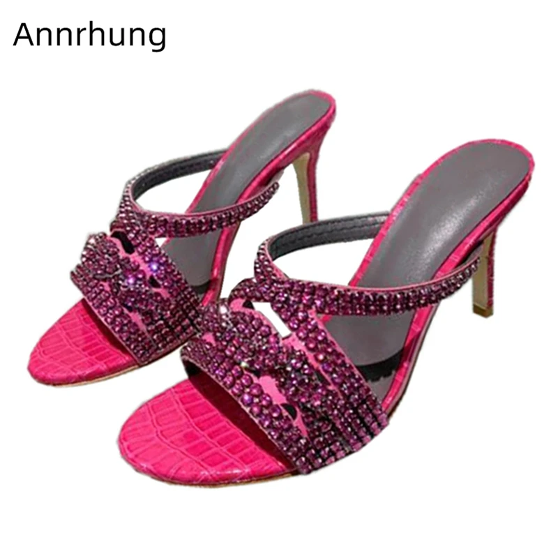 

Sexy Rhinestone Fretwork Sandals Women Stiletto Heel Real Leather Slingbacks Diamond Crystal Summer Mules For Girls