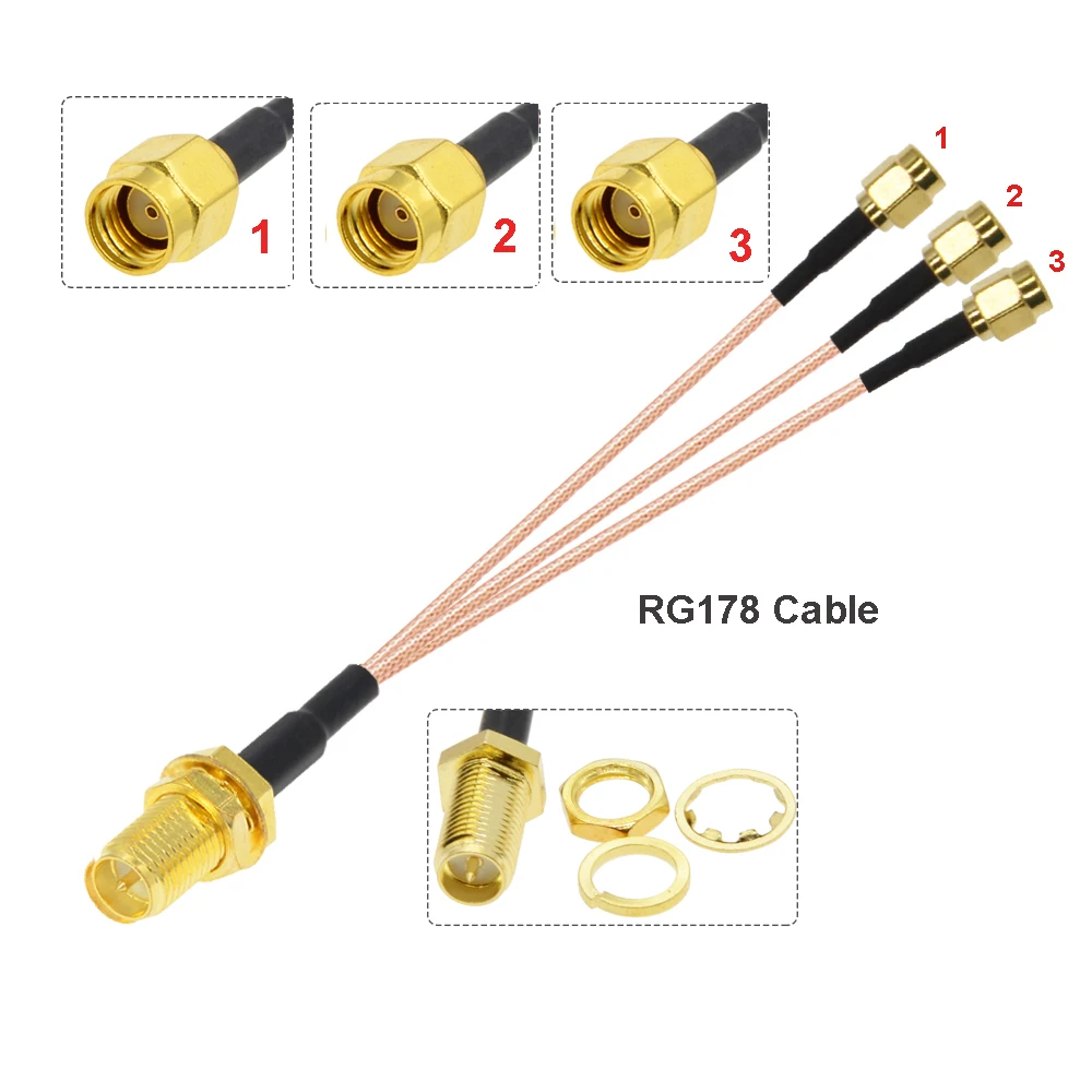 Адаптер разветвителя с одним SMA-гнездом Bulkhead на 3 мужских разъема, RG178 Pigtail Jumper WIFI Antenna Extension Cable 15CM 6" on.