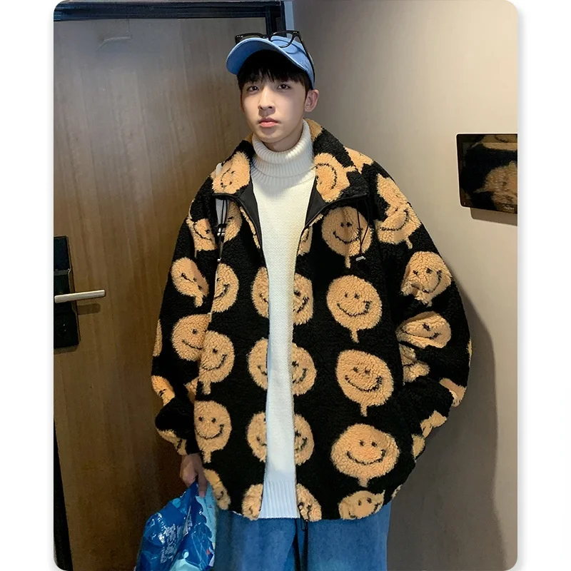 

Men Oversized Cartoon Lamb Wool Coat Plus Velvet Thick Winter Padded Jacket Streetwear Casual Korean Loose Warm Cotton Outerwear