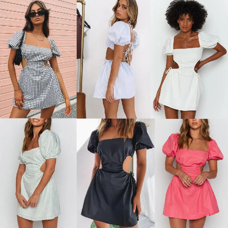 

2021 Summer Sexy Backless Temperament Women Solid Color Square Collar Lace-Up Hollow Out Puff Sleeve A-Line Dresses Femme Robe