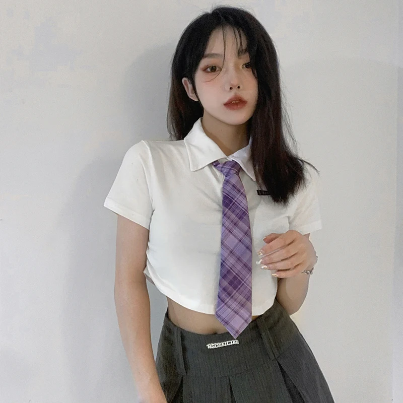 

2021 Summer Girlish Style Fresh Tie Polo White Ladies Shirt Women Short-Sleeved Midriff Top Fashion Slimming Buttoned Blouses