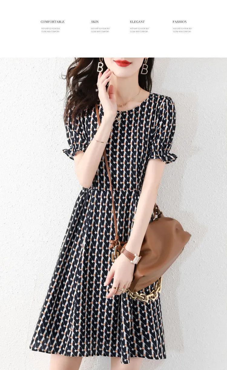 

Women's Floral Printed Short Dress French Style Round Collar Puff Short Sleeves High Waist Slim Style Dress for Summer THIN889