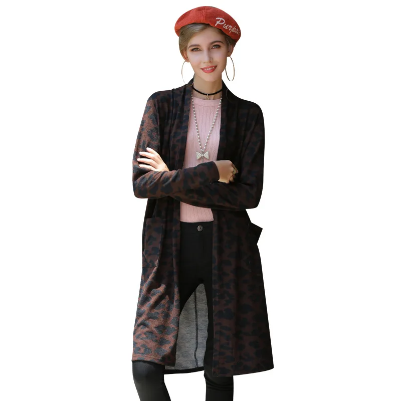 

2020 Autumn and Winter New European and American Women's Sexy Leopard Print Thin Ladies Jacket Long Knitted Cardigan