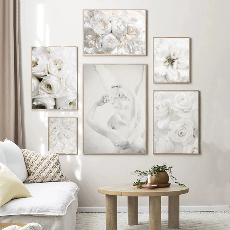 

Постер в скандинавском стиле с изображением белых пионов и роз, поцелуй, боди-скульптура, искусство на холсте, живопись, украшение для дома, ...