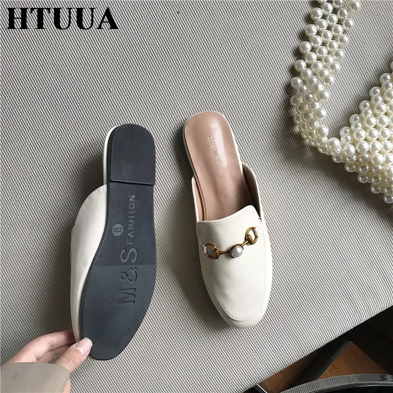 HTUUA/Брендовая женская обувь без задника; туфли на плоской подошве с металлической цепочкой; цвет черный, белый; осенние женские шлепанцы без застежки; лоферы; SX3353