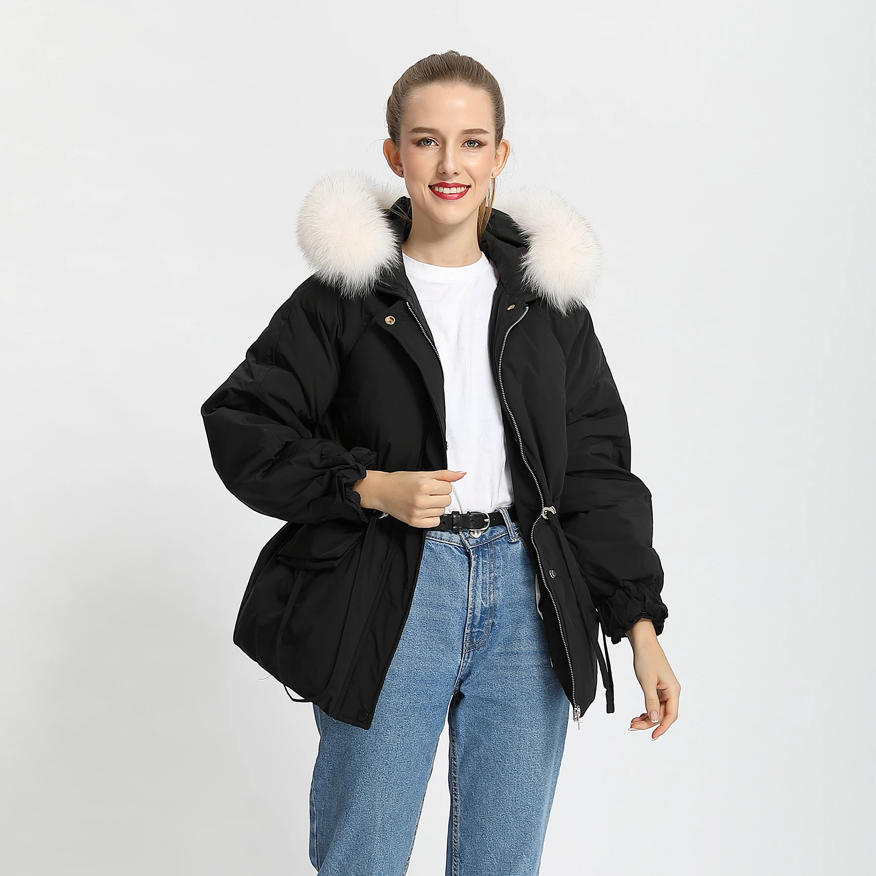 Новая модная зимняя теплая ветрозащитная Женская пуховая куртка Janefur с