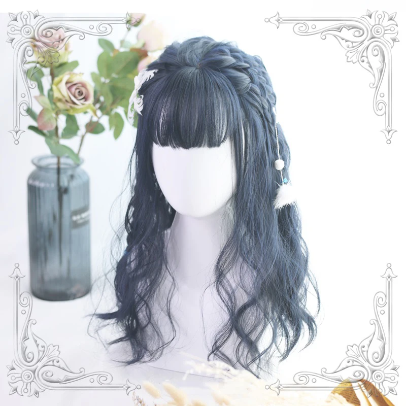 

High Quality Lolita Dark Blue Daily Girl Mid-Length Curly Air Bangs Wig Cosplay Party