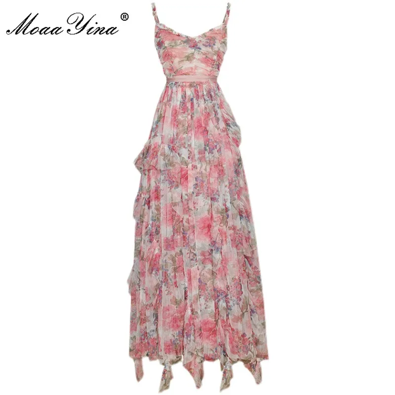 MoaaYina 2021 Bohemia Vacation Long Dresses Women's Summer Mesh Sexy Spaghetti Strap Floral print Elegant Maxi Party Dress