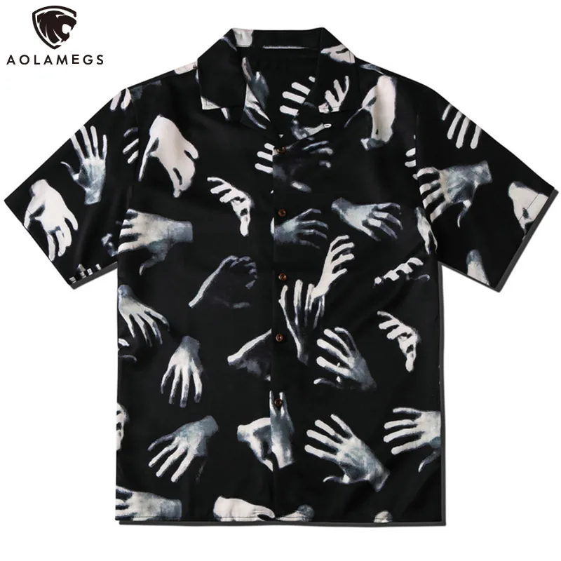 

Aolamegs Summer Shirts Men Fashion Casual Hawaiian Shirts Diablo Hands Print High Street Streetwear Hip Hop Gothic Unisex Shirt