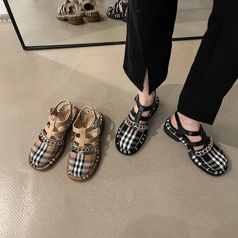

DLEK Women Fashion Gingham Round Close Toe Hemp Chain Summer Lolita Woman Comfortable Non-slip Buckle Elegant All-match Sandals