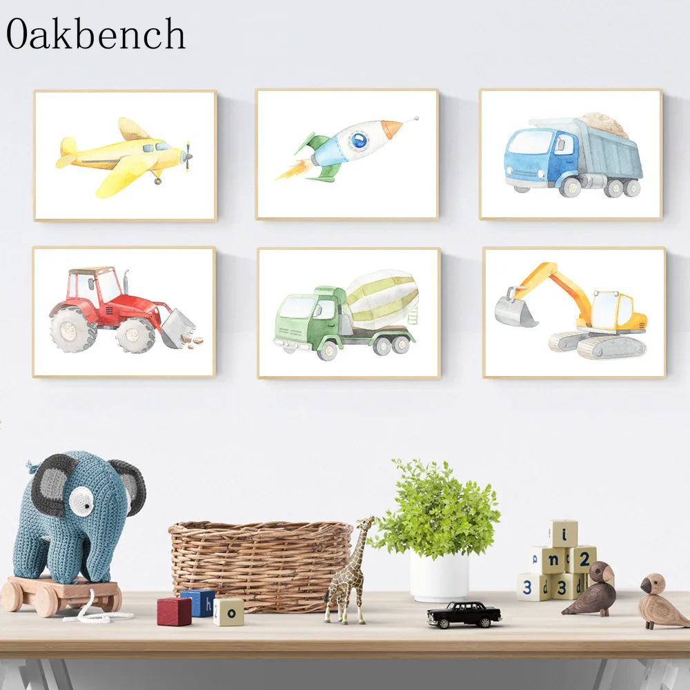 Плакат на холсте с изображением грузовиков машин самолетов строительных