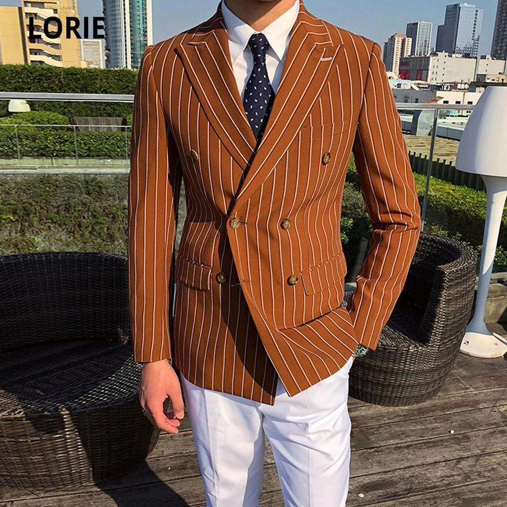 

Модный мужской пиджак LORIE с заостренным лацканом, в полоску, смокинг для жениха на свадьбу, двубортный мужской блейзер для официальвечерние,...