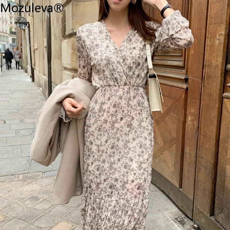 

Mozuleva Elegant V-neck Ladies Floral Print Chiffon Dress Full Sleeve Pleated Female A-line Dress Spring Slim Ladies Vestidos