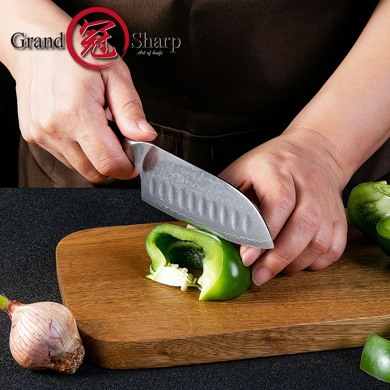 

5 Inch Santoku Japanese Knives 67 Layers VG10 Damascus Steel Anti-Stick Groove Cleaver Kitchen Knives With G10 Handle Gift Box