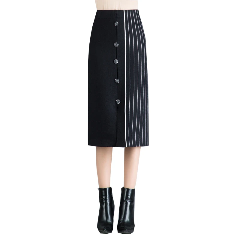 

2020 Autumn New Striped Knitted Hip Skirt Korean Version Button Decoration High Waist Wool Skirt Brand Women