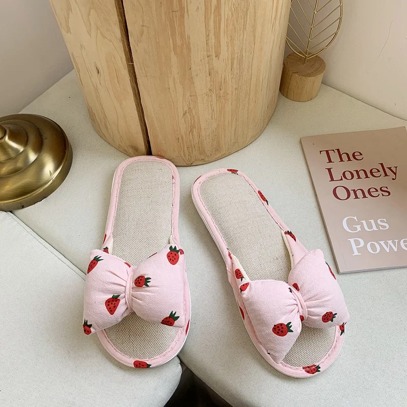 

Home Slippers Women's Butterfly-Knot Slides Fashion Flat Shoes Female Low Massage Rubber Summer Luxury Butterfly-knot Cotton Fab