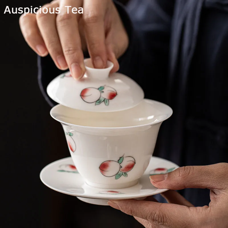 

White Porcelain Tea Tureen Sancai Covered Bowl Single Tea Cup Hand-painted Longevity Peach Sweet Gaiwan Kungfu Teaware Drinkware