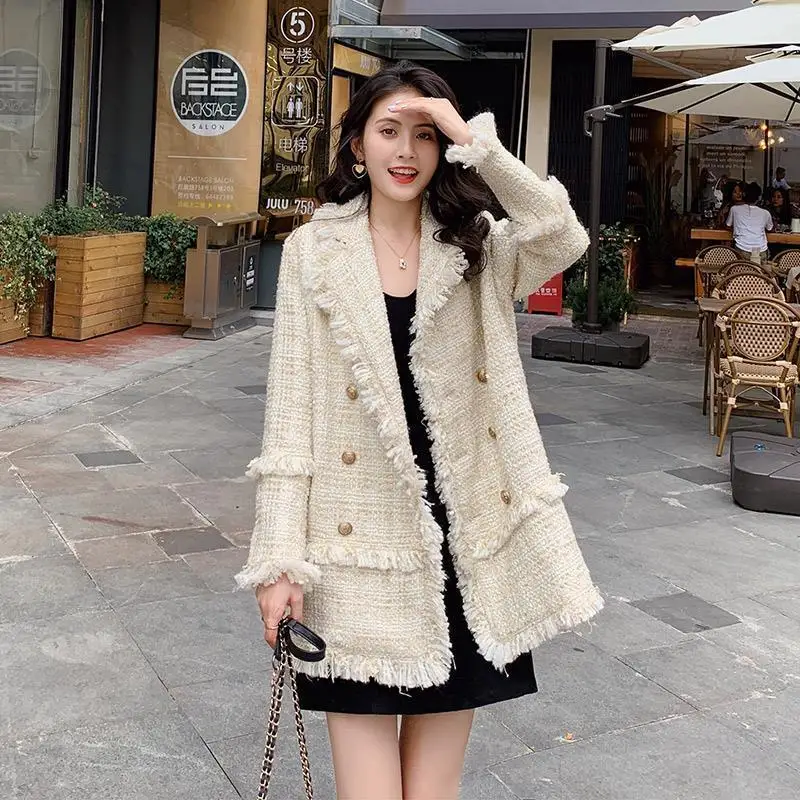 

Ladies White Suit Jacket Women New Korean Style Small Fragrant Tweed Loose Casual Suit Jacket