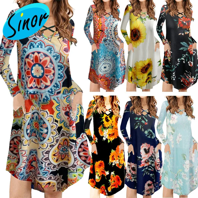 

[Bottom Price]2020 Autumn Women's New Autumn and Winter Dress V-neck Cross Long-Sleeved Printed Skirt