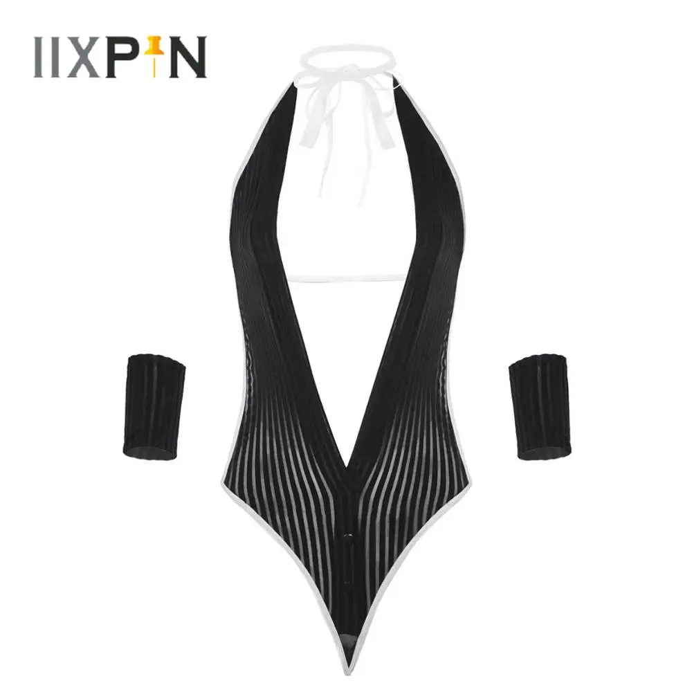 

Women Lingerie See Through Bodysuit Underwear with Cuff Adjustable Neck Ring Halter Lace-up Deep V Neck Striped Erotic Sexy Suit