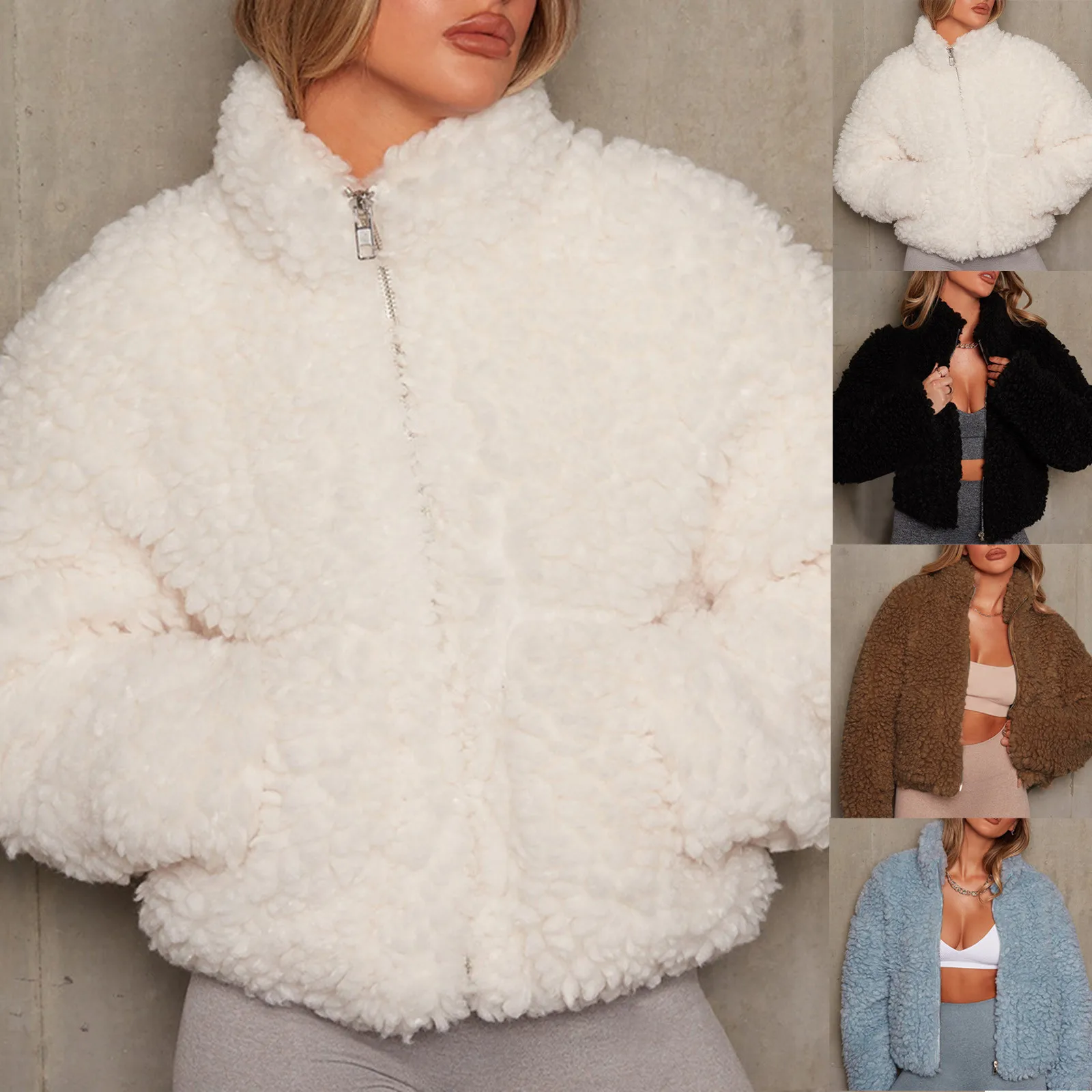 

Women Winter Solid Stand Collar Oversize Cardigan Coat Baggy Thicken Plush Outercoat With Pockets