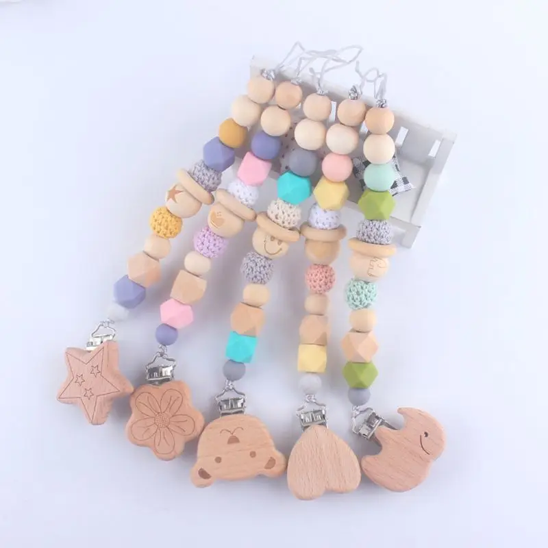 

Drop Ship. Wooden Bead Dummy Clip Holder Pacifier Clips Soother Chains Baby Teething Toy