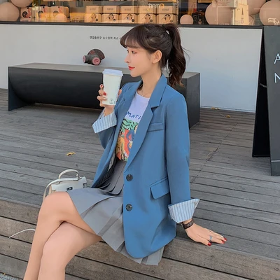 

Women's Spring Autumn Loose Jacket Overiszed Coat Buttons For Coat Chic Casual Suit Winter Blazer Feminino Blue Khaki Xxl