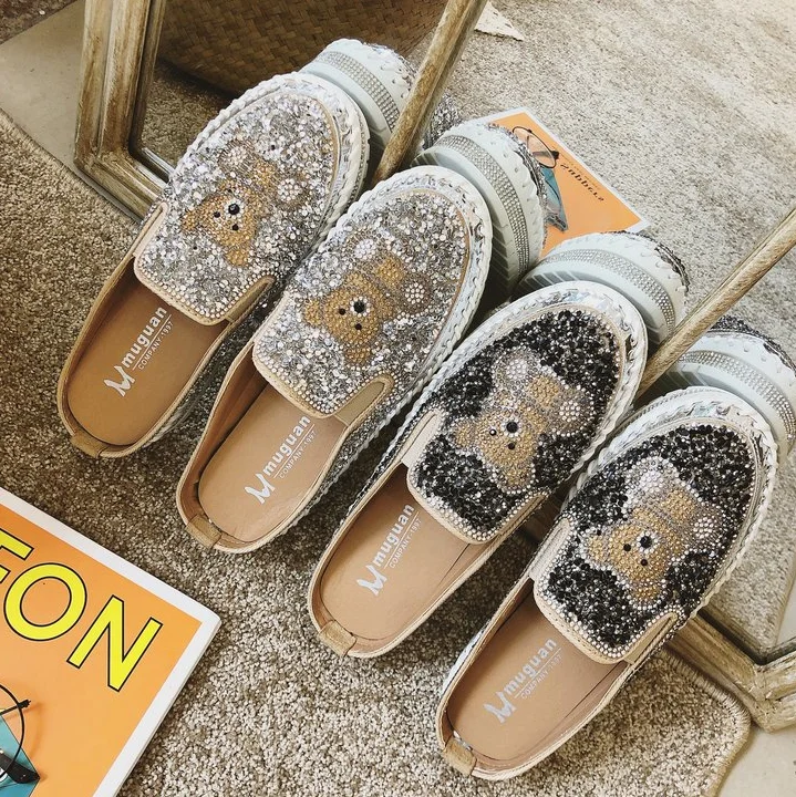 

New Flat with Shoes Women Men Flats Sequined Cloth Revits Couple Platform Woman Shoes Bling Crysta Black Flat Heels Shoe 36-43