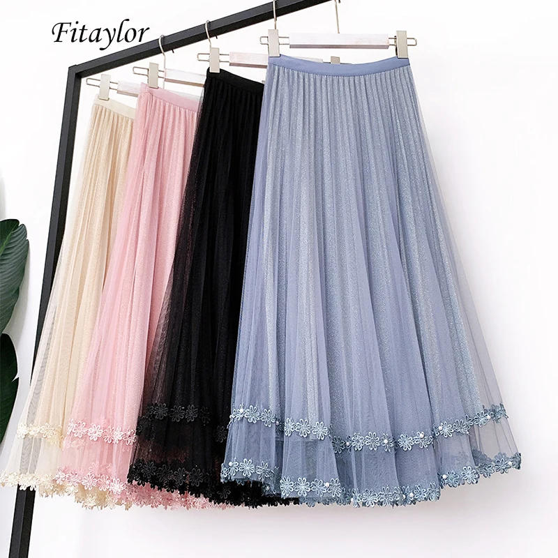 Fitaylor 2020 Весенняя длинная юбка из тюля Женская с высокой талией украшенная
